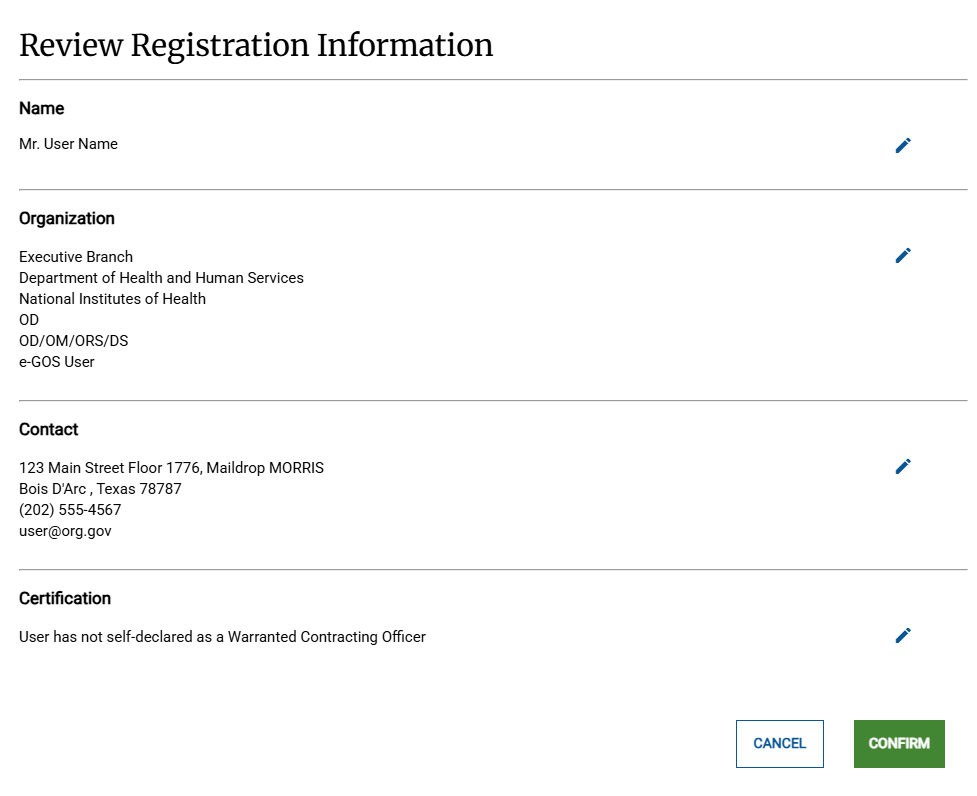 Screenshot of the Review Registration Pop-up for non-NIH Users in e‑GOS Registration.